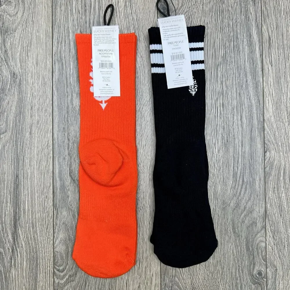 2 Pack Free People Movement Logo Stripe Tube Last Lap Socks Lucky Honey